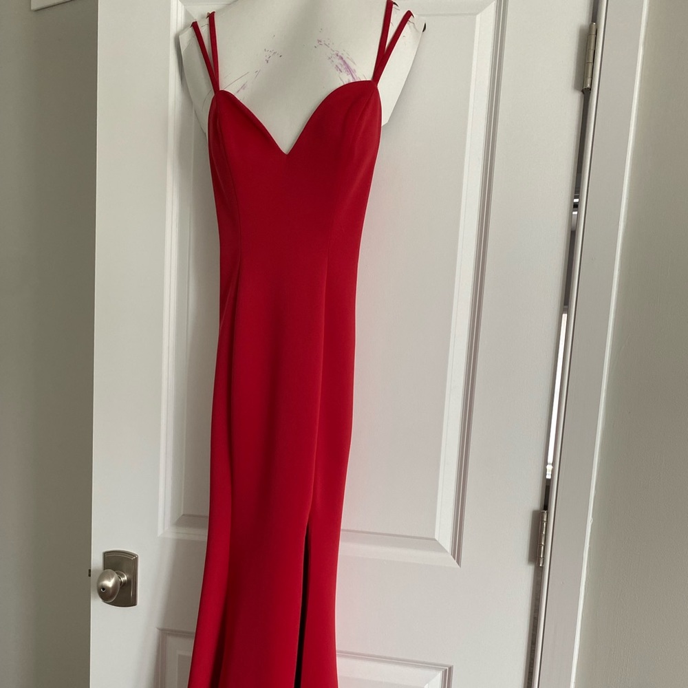 Gorgeous red prom dress, floor-length with leg slit, like new-worn once, size 2
